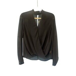 Abbeline Crocker Neck Black Shimmer Blouse High Low Hem Size Small Pit T…